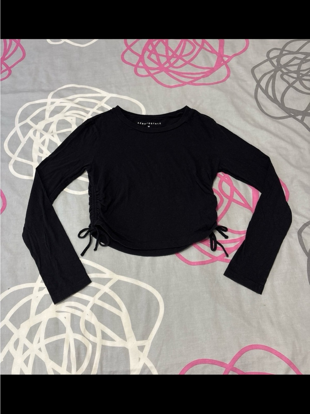 Aeropostale Black Long Sleeve Ruched Top With Side Tie Details